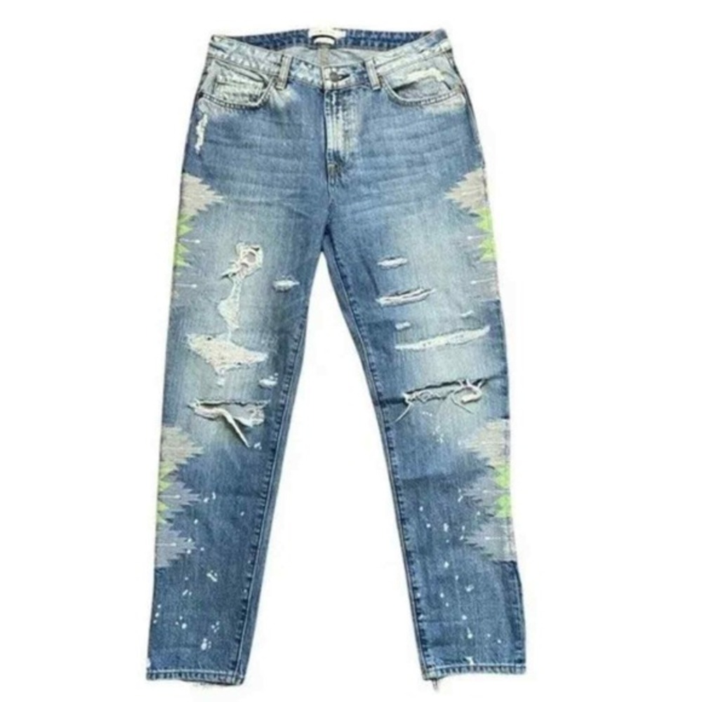 MM Vintage Boyfriend Jeans 27 Blue Distressed Embroidered‎ Paint Splatter Denim